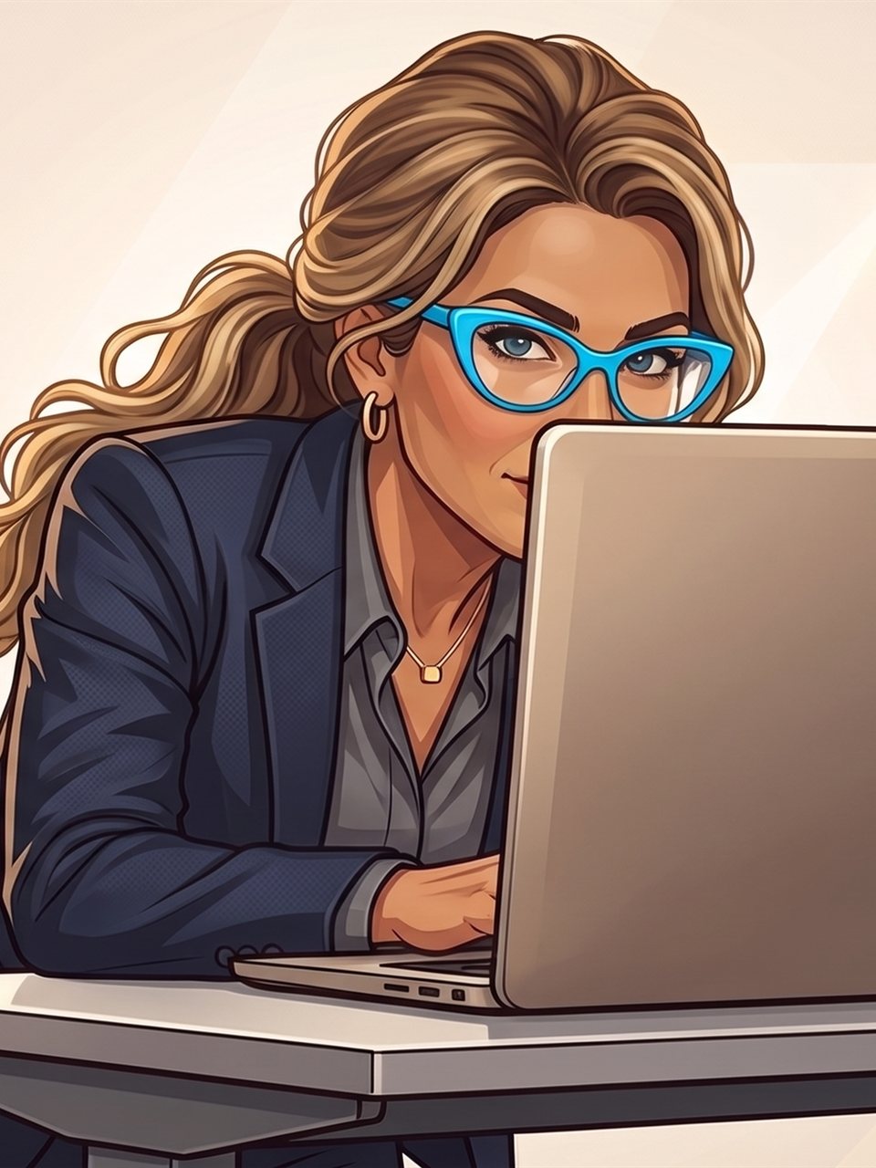 Dermhilda at her desk, reading the morning's reports